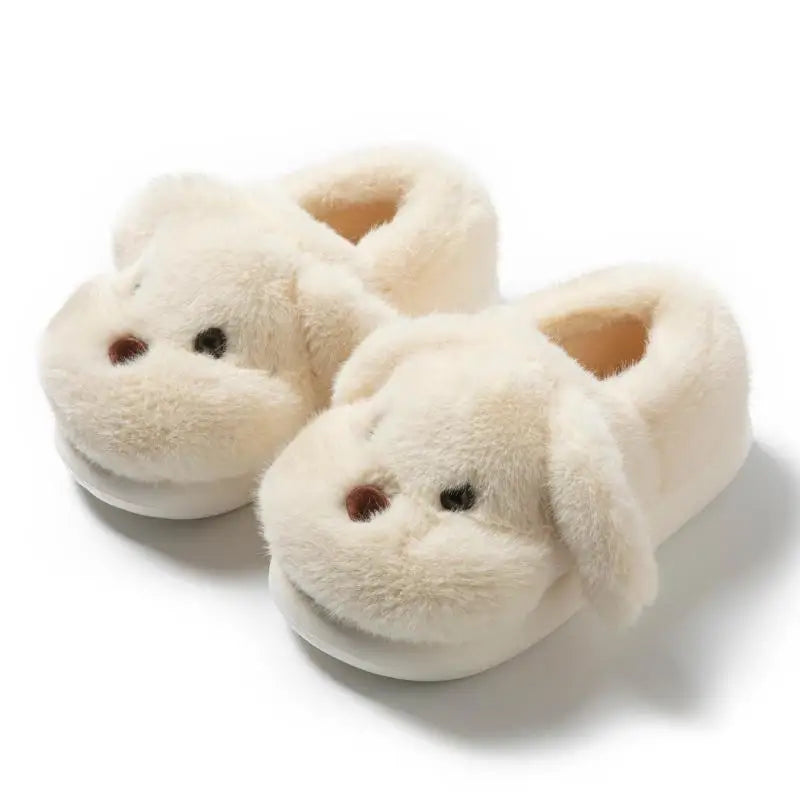 White fluffy dog slippers home cute animal girls flip flops woman home use floor mules warm winter plush puppy shoes