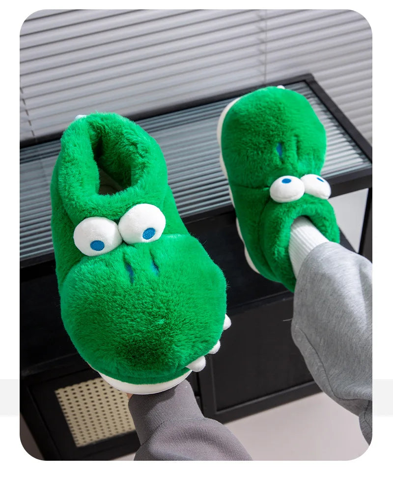 Winter Warm Shoes Woman Men Indoor Fluffy Slippers Cute Cartoon Crocodile Thick Sole Soft Plush Couples Home Floor Snow Boots