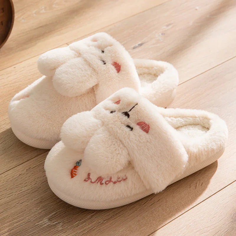 Women Winter Home Slippers Non-Slip Soft Warm House Shoes Men Ladies Indoor Bedroom Couples Cartoon Rabbit Bear Floor Slides