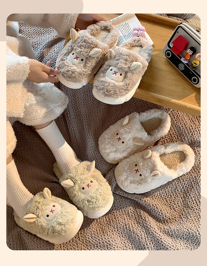 Cute Sheep Plush Slippers For Women Men Fashion Kawaii Fluffy Winter Warm Slides Lovers Cartoon Comfortable House Shoes