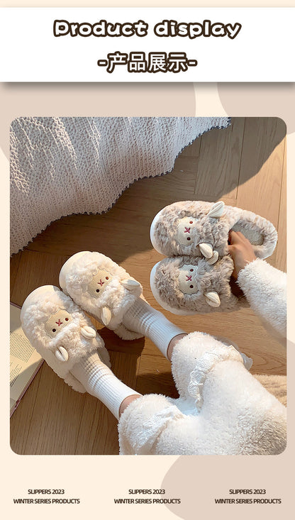 Cute Sheep Plush Slippers For Women Men Fashion Kawaii Fluffy Winter Warm Slides Lovers Cartoon Comfortable House Shoes