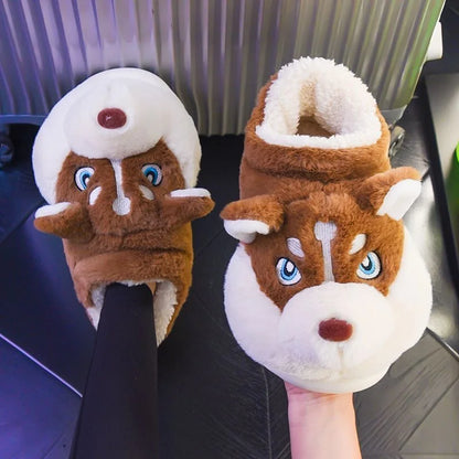 Men Indoor Cotton Slippers Cute Cartoon Dog Winter Warm Shoes Couples Home Floor Slides Anti-slip  Female Male House Footwear