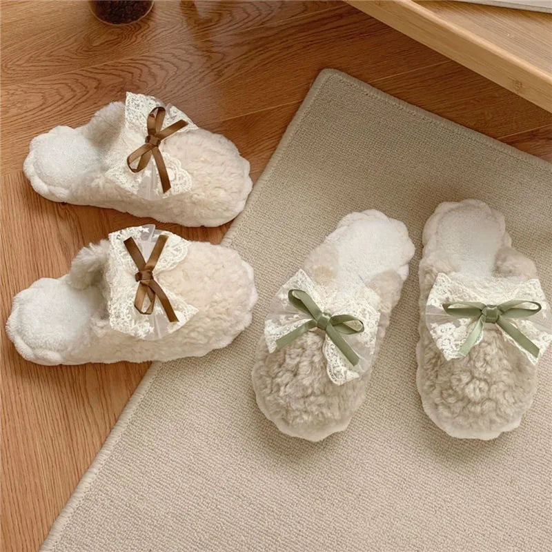 Winter Warm Fur Slippers for Women Cute Bow House Non Slip Soft Shoes Comfort Flat Heel Home Indoor Bedroom Plush Cotton Slides