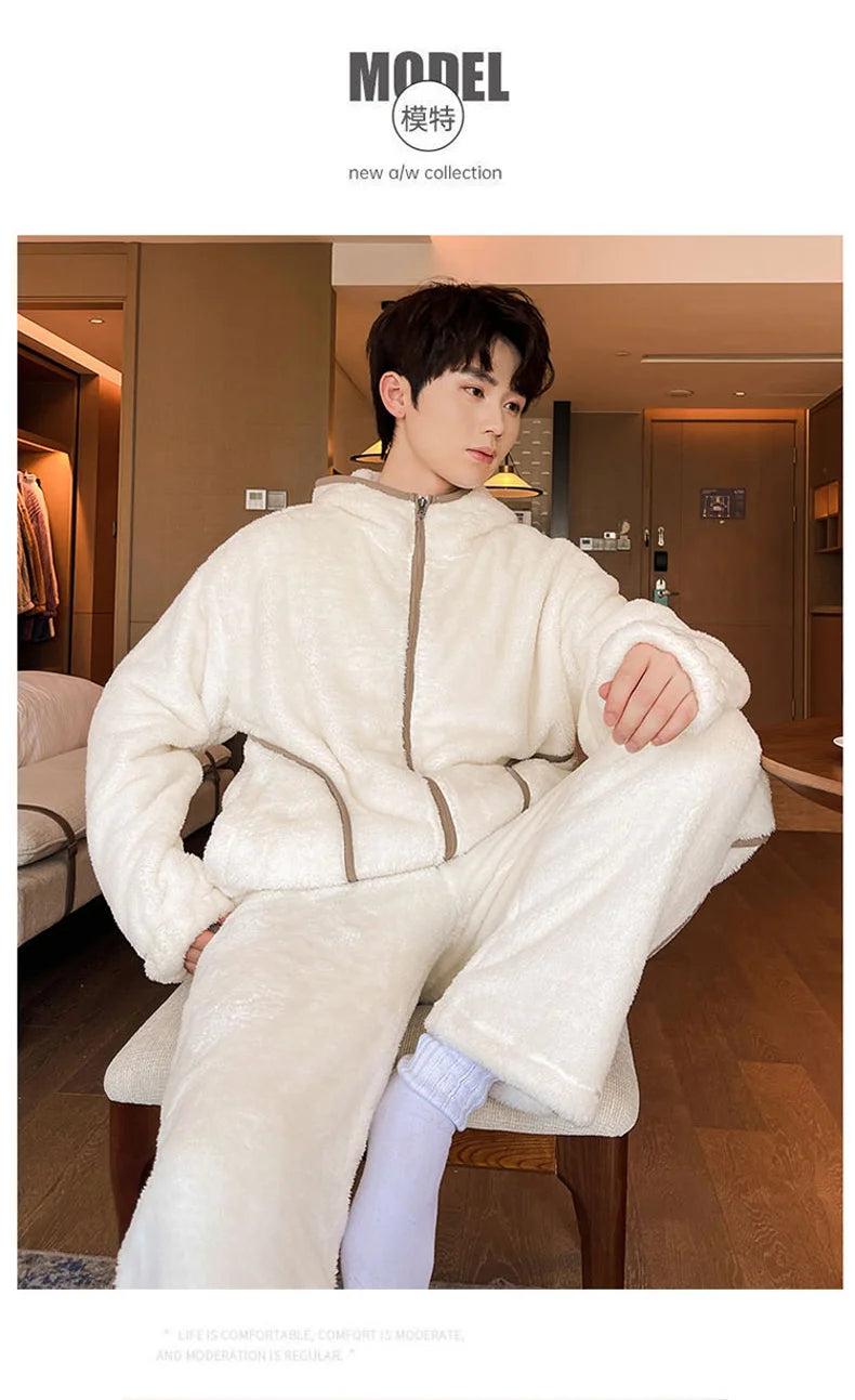 6XL 7XL 8XL Winter Men's Hooded Homewear Heavy Plus Velvet Zipper Cardigan Plus Size Pajamas Pants Keep Warm White Black Suit