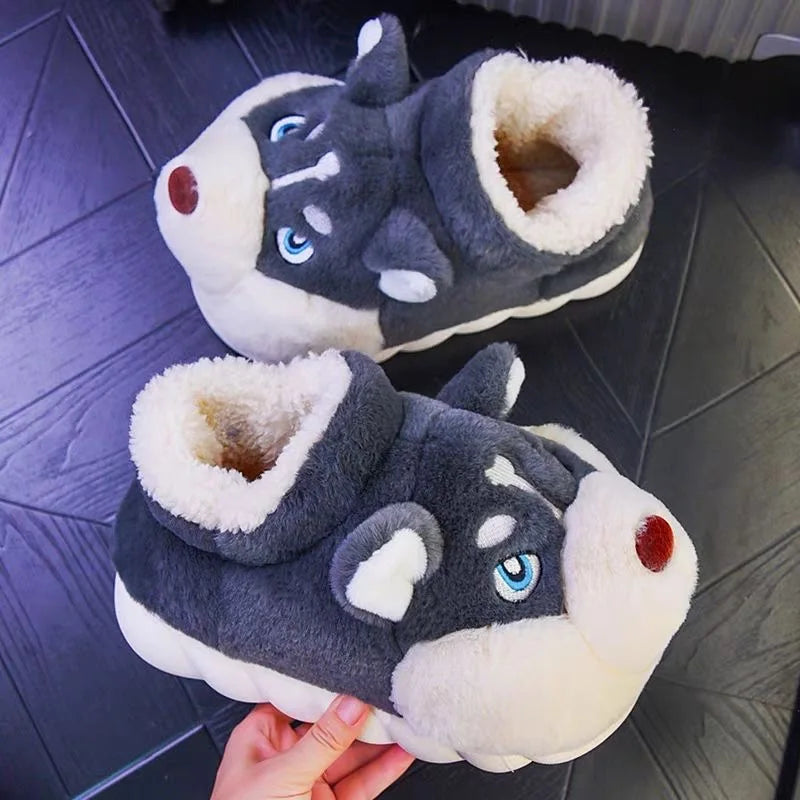Men Indoor Cotton Slippers Cute Cartoon Dog Winter Warm Shoes Couples Home Floor Slides Anti-slip  Female Male House Footwear