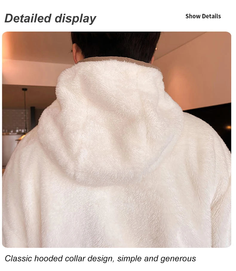 6XL 7XL 8XL Winter Men's Hooded Homewear Heavy Plus Velvet Zipper Cardigan Plus Size Pajamas Pants Keep Warm White Black Suit