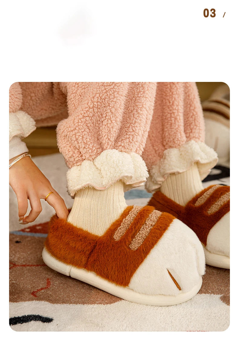 Winter Couple Cat Paw Slippers, Plush Fleece Lined Thick Thermal Home Shoes, Non-Slip Indoor/Outdoor Unisex Anti-Cold House Slid