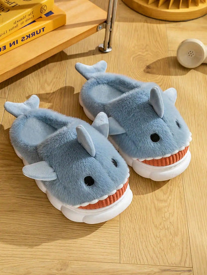 Men's Home Slippers Autumn and Winter New Interesting Cartoon Shark Plaid Cotton Slippers