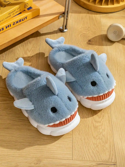Men's Home Slippers Autumn and Winter New Interesting Cartoon Shark Plaid Cotton Slippers