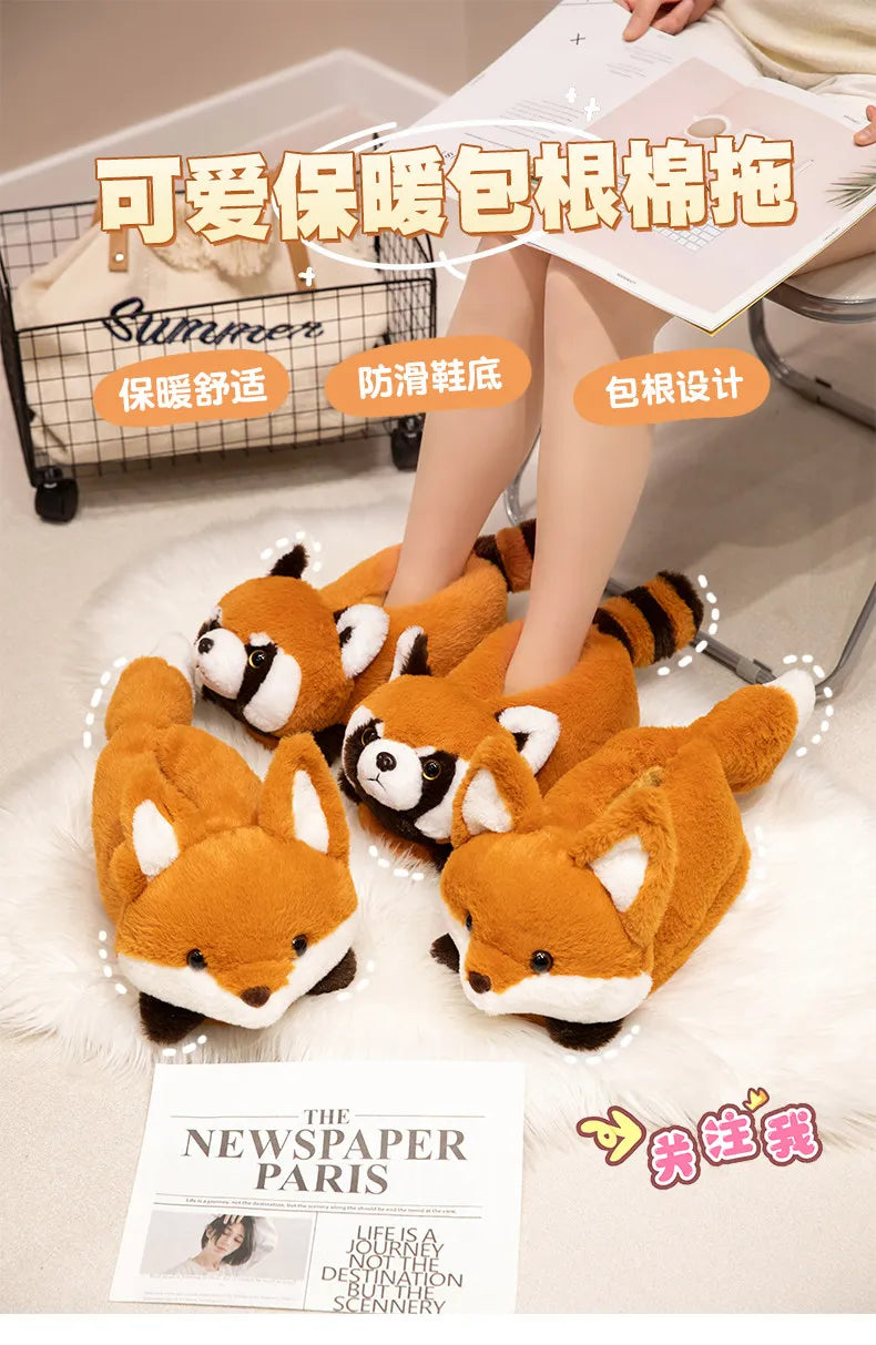 Cute Red Panda Fox Shoes Women Men Winter Slippers Warm Plush Soft Sole Girls Indoor Home Floor Slipper Women Cartoon Footwear