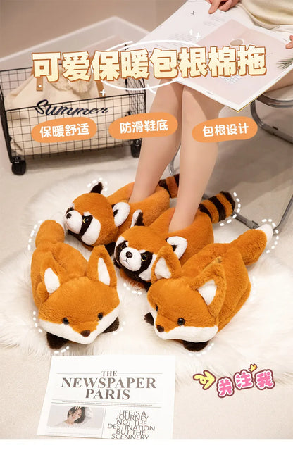 Cute Red Panda Fox Shoes Women Men Winter Slippers Warm Plush Soft Sole Girls Indoor Home Floor Slipper Women Cartoon Footwear