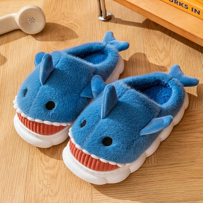 Men's Home Slippers Autumn and Winter New Interesting Cartoon Shark Plaid Cotton Slippers