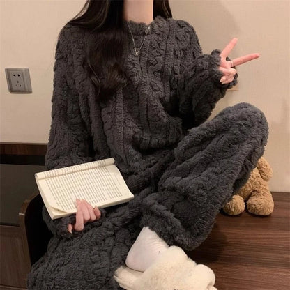 Autumn Winter Sweet Coral Fleece Pajamas Women Fleece-lined Thickened 2025 New Zip-up Flannel Warm Home Wear Set