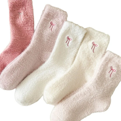 5 pairs Autumn Winter Fashionable Versatile Bow Plush Socks Cute Sweet Mid tube Socks Thick Warm Home Women's Socks