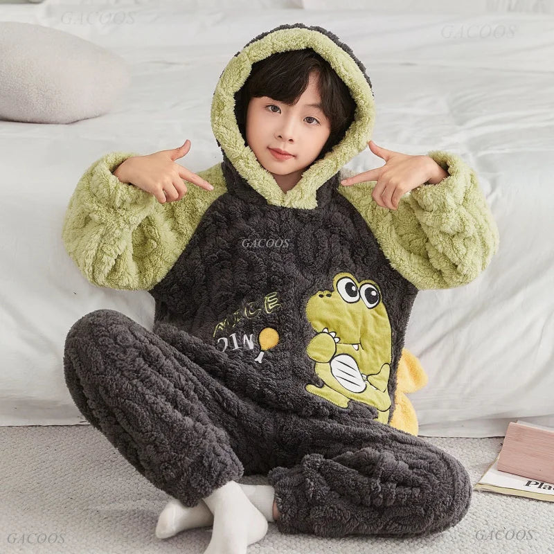 Winter Kids Fleece Pajamas Panda Children Clothing Sets Thick Hooded Pijamas for 4 6 8 12 Years Animal Cartoon Warm Home Clothes
