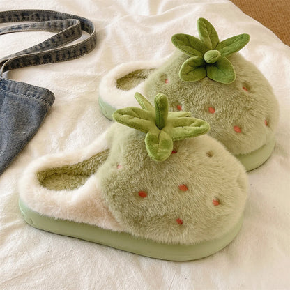 Cute Strawberry Fluffy Slippers Women's Indoor Home Warm Thick Bottom Anti-slip Outdoor Wearable Slip-On Indoor Slippers