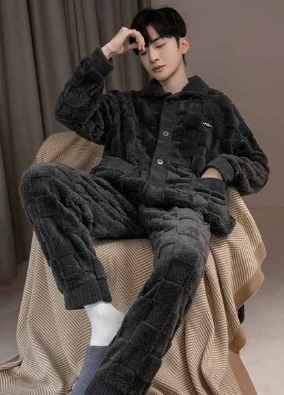 2Pcs/set men's pajamas autumn and winter padded and thickened warm long-sleeved trousers coral fleece homewear men's clothing