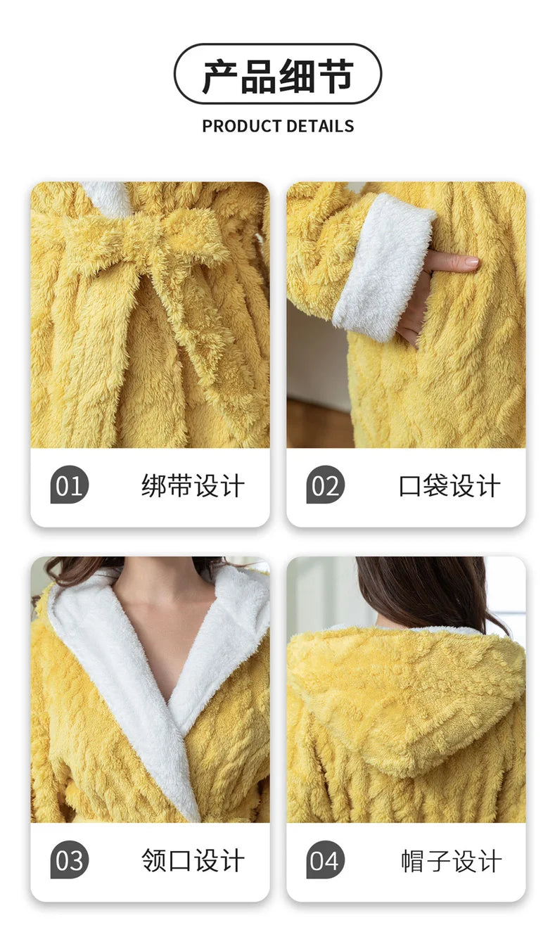 Thick Women Warm Bathrobe Solid Hooded Warm Ladies Dressing Gown Long Sleeve Flannel Bath Robe For Female
