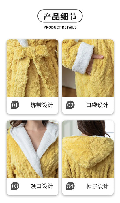 Thick Women Warm Bathrobe Solid Hooded Warm Ladies Dressing Gown Long Sleeve Flannel Bath Robe For Female