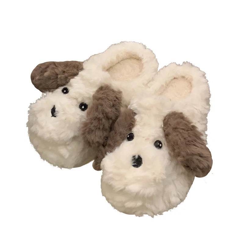 Short Fur Slippers for Women Winter Warm Furry Cozy Cotton Shoes for Home Indoor Cute Dog Couples Antiskid Slippers