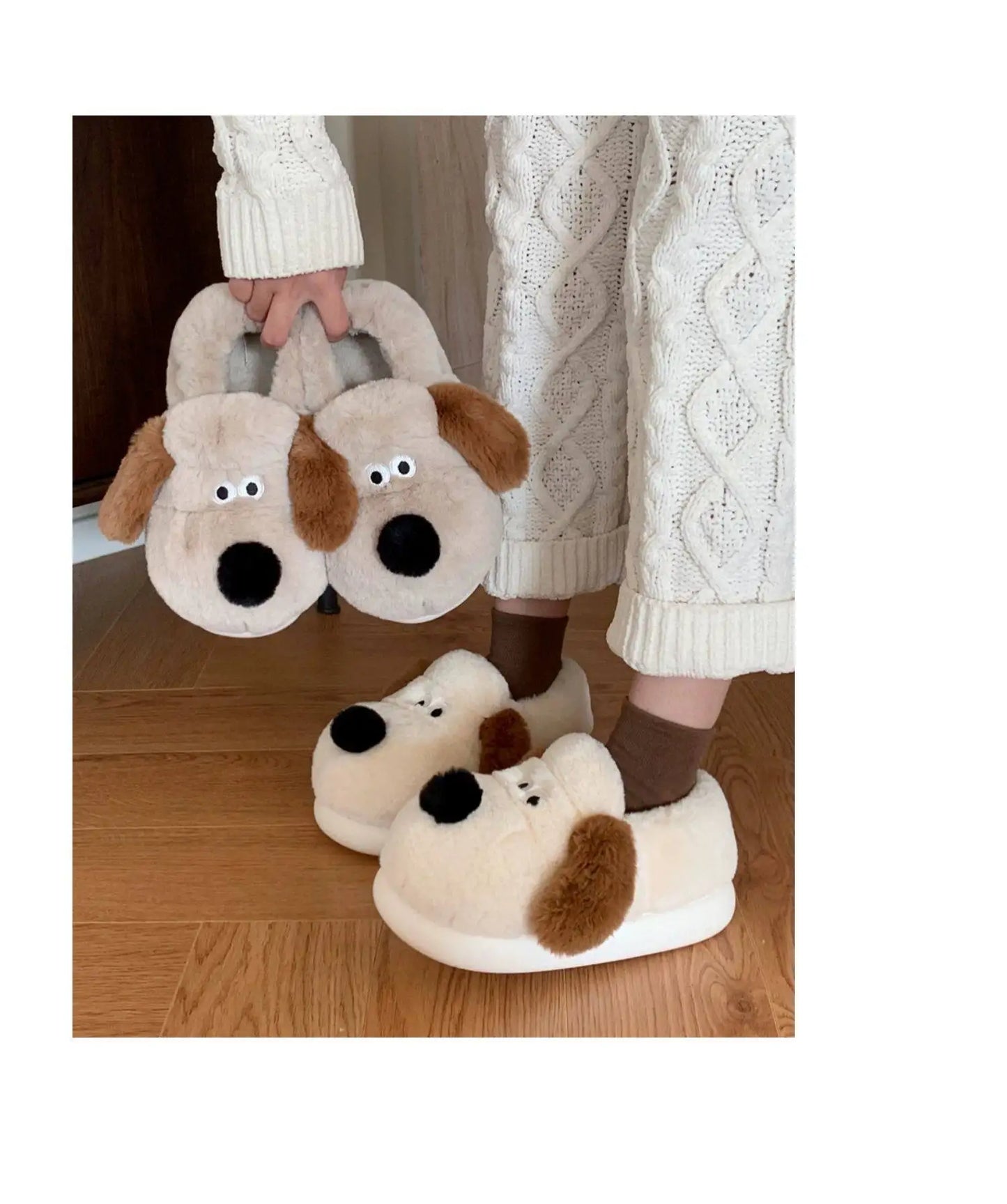 Women Home Soft Sole Cotton Slippers Cartoon Cute Dog Fluffy Slippers Female Winter Slides Ladies Plush Indoor Flats Flip Flops