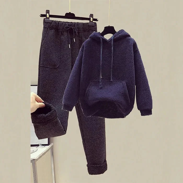 Thickened Lamb Velvet Set Women's Autumn Winter New Embroidery Sweatshirt Women's + Wool Wide Leg Pants Women Two Piece Set