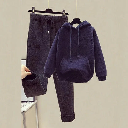 Thickened Lamb Velvet Set Women's Autumn Winter New Embroidery Sweatshirt Women's + Wool Wide Leg Pants Women Two Piece Set