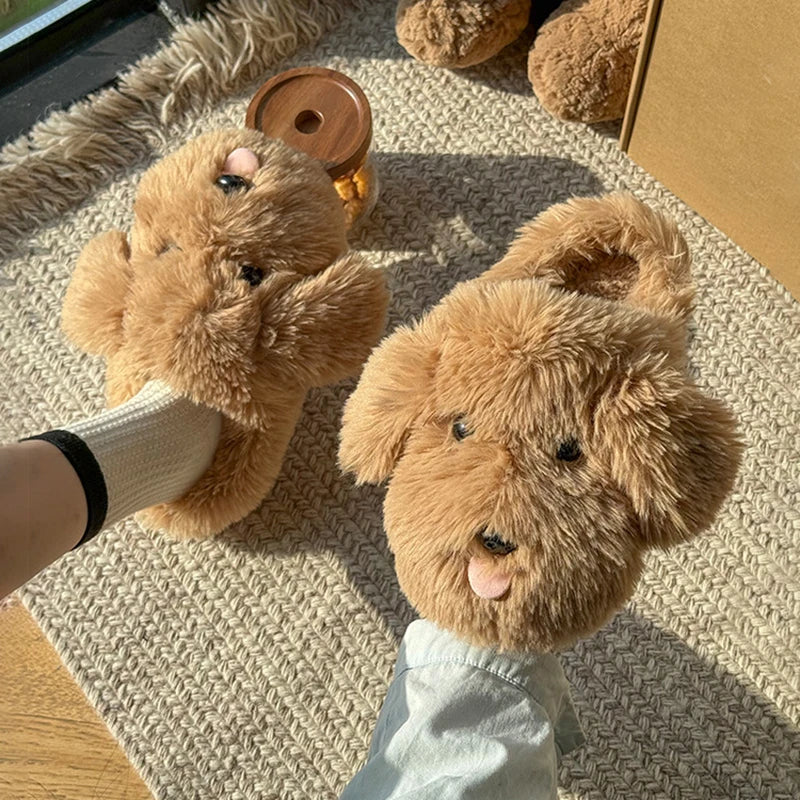 Fluffy Cartoon Women's Home Slippers Winter Cute Plush Luxury Designer Woman Shoes Flats Indoor Casual Fuzzy Fur Slides Elegant