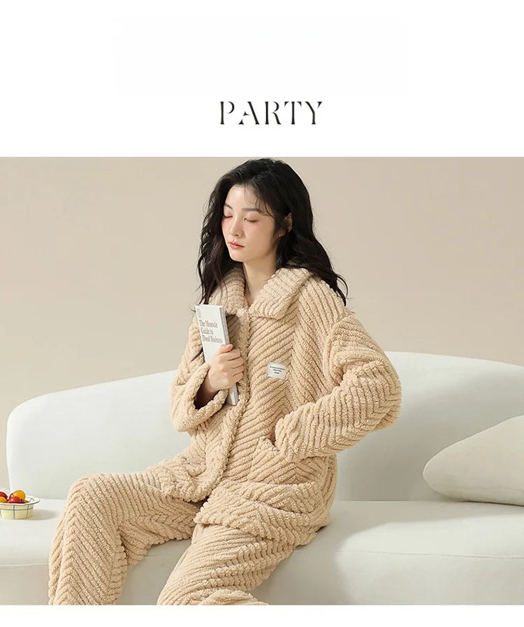 Warm Flannel Sleepwear Set for Women Long Sleeve Long Pants Casual Collar Can Be Worn outside Home Clothes Winter Collection