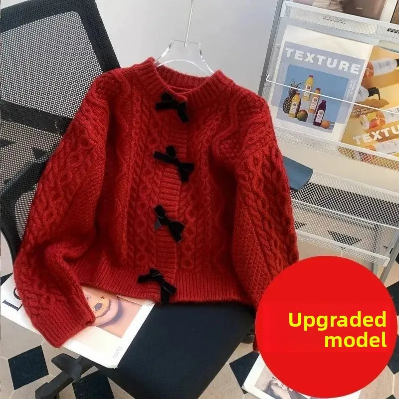 Women's Spring Autumn Butterfly Knot Sweater Coat Soft Tassel Twist Outerwear Cardigan round Neck Full Sleeve Retro Japanese Laz