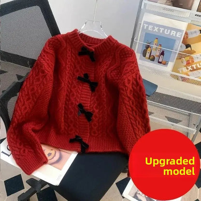 Women's Spring Autumn Butterfly Knot Sweater Coat Soft Tassel Twist Outerwear Cardigan round Neck Full Sleeve Retro Japanese Laz