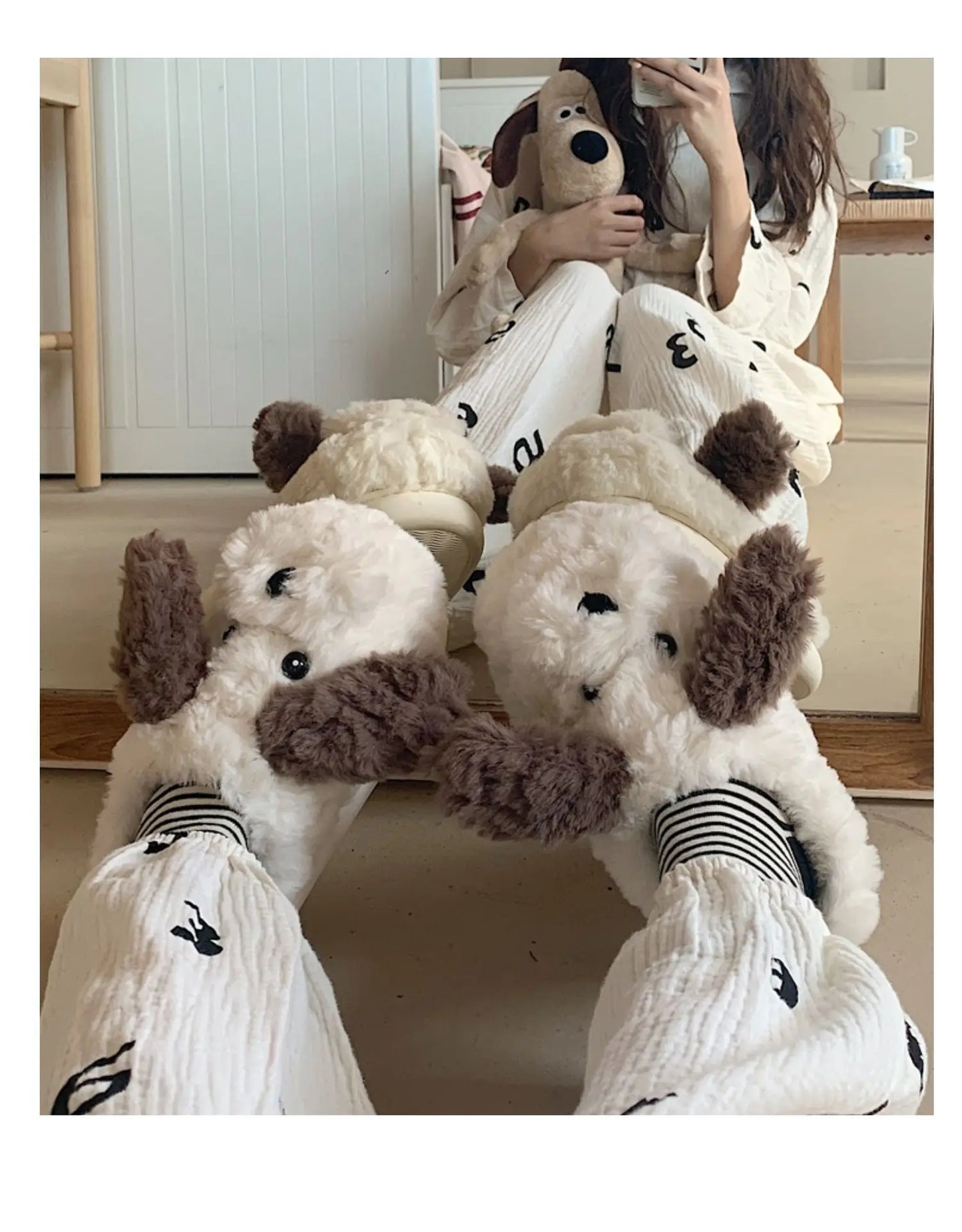 Short Fur Slippers for Women Winter Warm Furry Cozy Cotton Shoes for Home Indoor Cute Dog Couples Antiskid Slippers