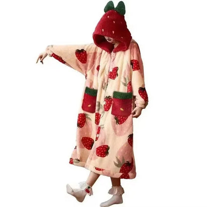 Cute Plush Bear Robe Women's Autumn Winter Coral Fleece Thickened One-Piece Sleepwear Home Clothes Robe Comfortable Homewear