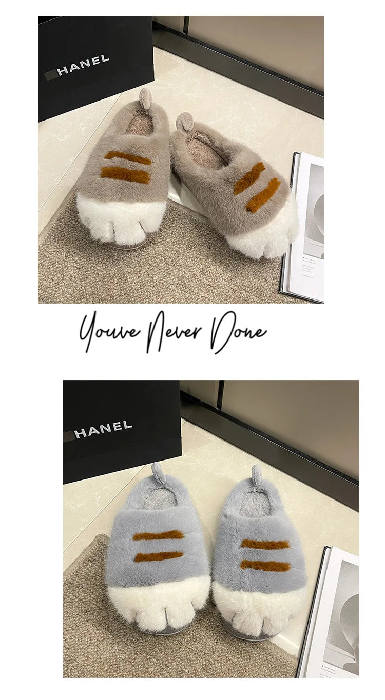 New Adorable Kitty Claw Slippers Women's Home Shoes Non Slip Furry Mules Female Fashion Warm Fluffy Slides Outdoor Cat Slippers