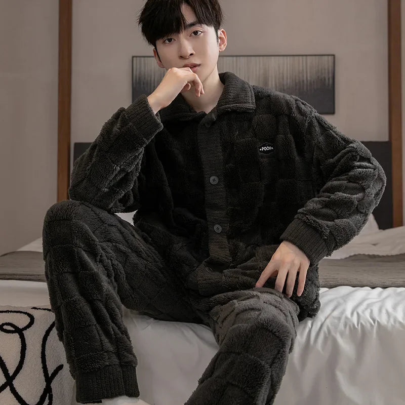2Pcs/set men's pajamas autumn and winter padded and thickened warm long-sleeved trousers coral fleece homewear men's clothing