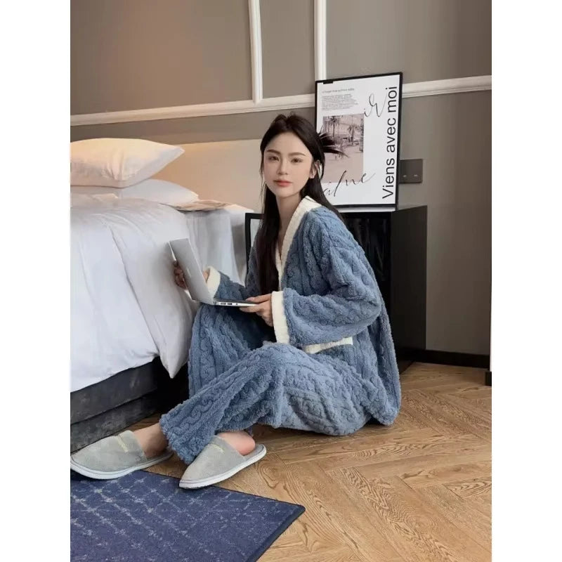 2pcs/Set Autumn and Winter Pajamas Women Thickened Padded Warm Students Coral Girls Clot Velvet Suit Homewear Cardigan Trousers