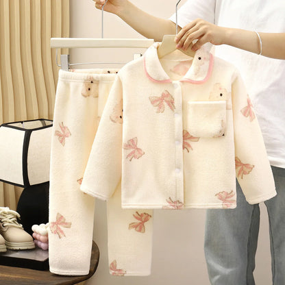 Boys Girls Autumn Winter Soft Flannel Pajamas Sets Toddler Baby Cute Cartoon Lapel Coat with Pants Pyjamas Kids Casual Sleepwear