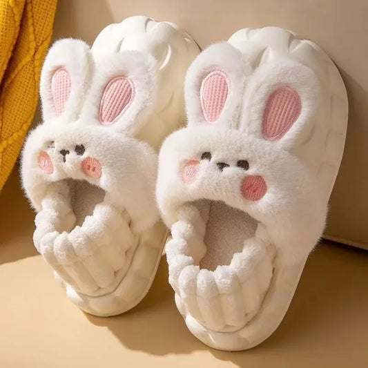 Women's Home Slippers Rabbit Fur Cotton Warm Anti-Slip Winter Outdoor Wearable Sweet Style Soft Cotton Lined House Shoes
