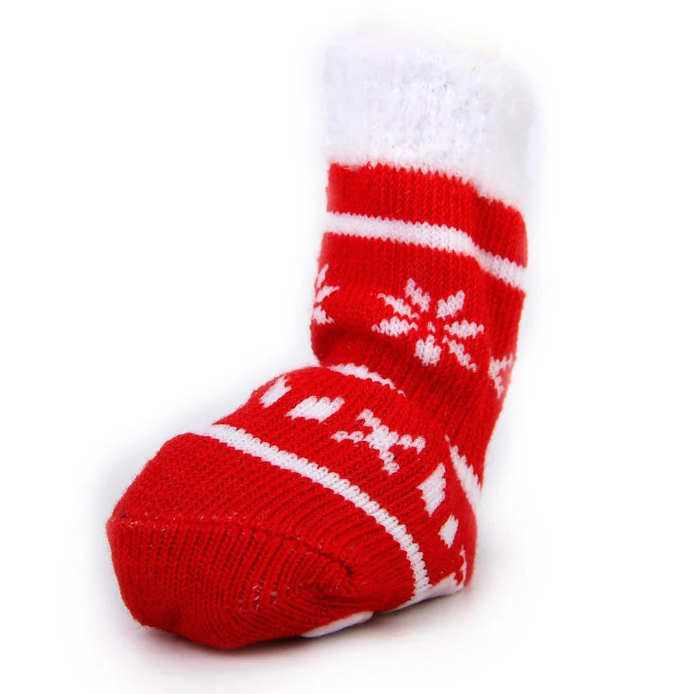 4pcs Pet Cotton Socks M Size Red White Anti-Slip Rubber Sole Winter Warmth For Dogs Cats Christmas Style Doggie Socks