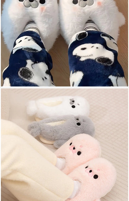 Little Seal Fluffy Home Slippers Anti-Slip Indoor Floor Shoes Cartoon Cute Plush Thicken Warm Cotton Shoes