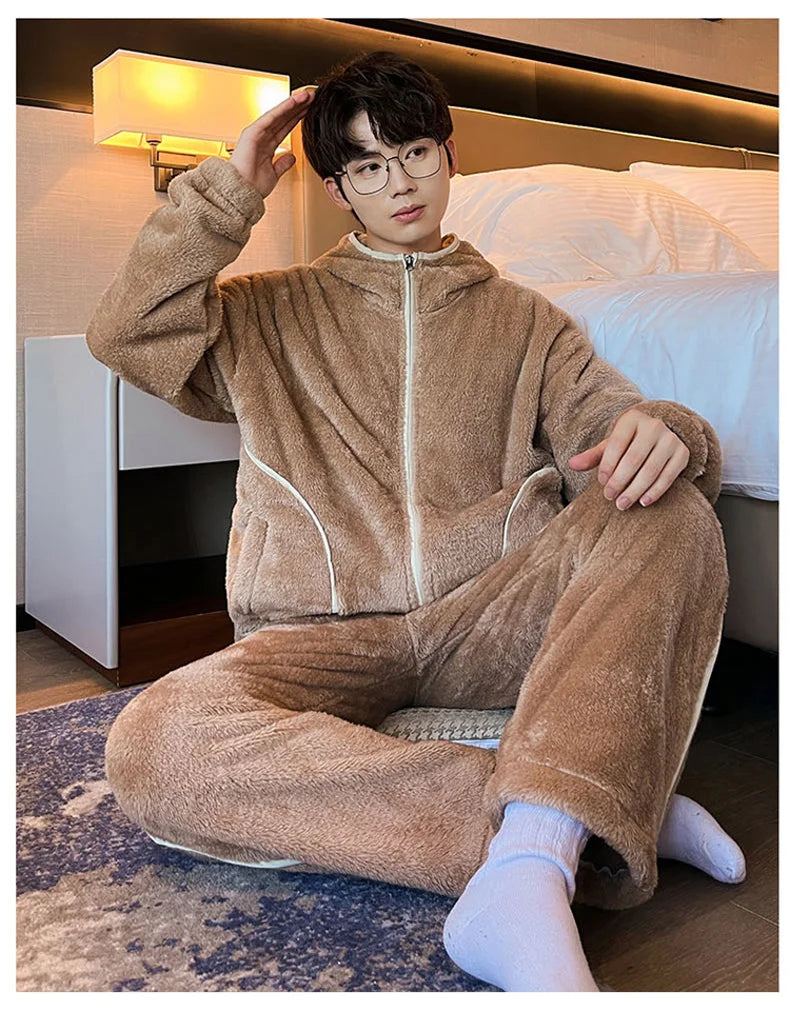 6XL 7XL 8XL Winter Men's Hooded Homewear Heavy Plus Velvet Zipper Cardigan Plus Size Pajamas Pants Keep Warm White Black Suit