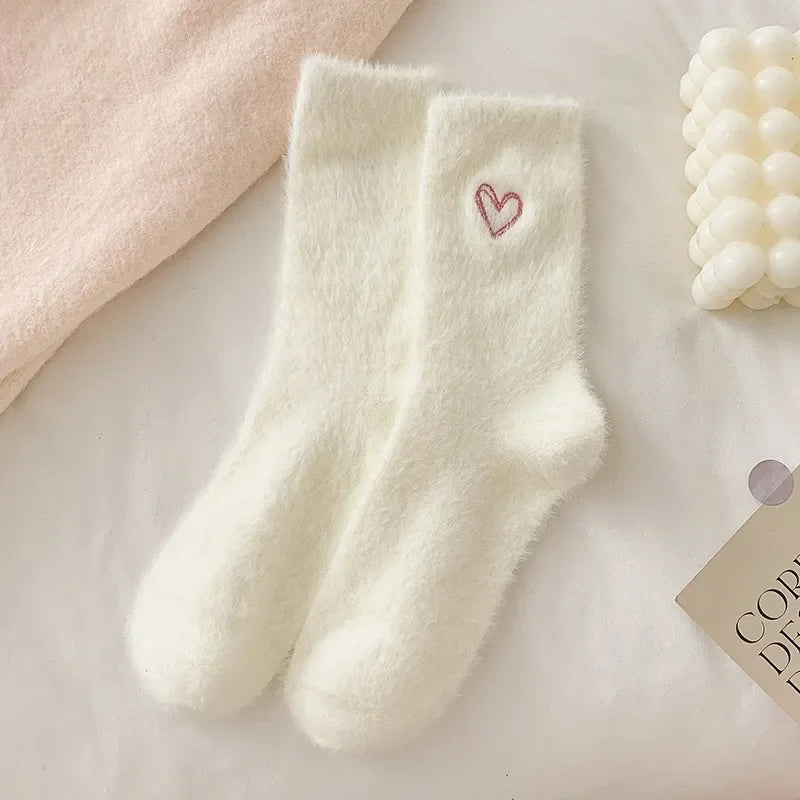 Thickened Middle Tube Socks Mink Fur Pink Embroidered Heart-shaped Women Autumn Winter Warm Sleep Home Solid Color Plush Sock