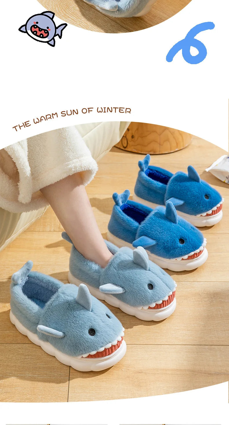 Warm Anti-Slip Plush Slippers Shark Style Women's Winter Home Wear Outdoor Fashionable Cotton Shoes Men's Comfortable Slip-On
