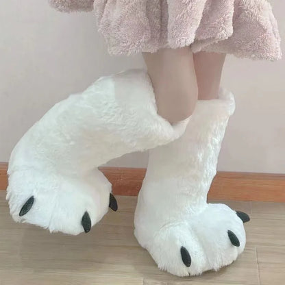 Women Winter Warm Slippers Cute Creative Bear Claw Shoes Girls Couples Indoor Furry Cotton Snow Boots Female Faux Fur Slides