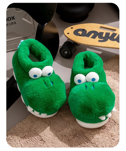 Winter Warm Shoes Woman Men Indoor Fluffy Slippers Cute Cartoon Crocodile Thick Sole Soft Plush Couples Home Floor Snow Boots