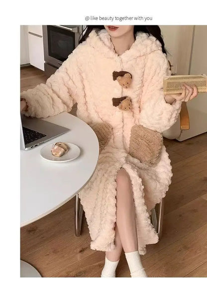 Korean Style Long Hooded Coral Fleece Sleepwear Women's Thickened Autumn Winter New Arrival Comfortable Home Leisure Robe