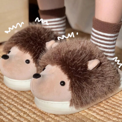Cute Creative Fun Hedgehog Design Women Winter New Slippers Casual Soft Heel Platform Fur Warm Indoor Comfortable Home Slippers