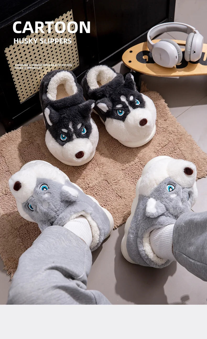 Men Home Cotton Slippers Cute Cartoon Dog Winter Warm Shoes For Couples Soft Plush Anti-slip Male Female Indoor Fluffy Slides