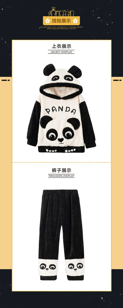Winter Kids Fleece Pajamas Panda Children Clothing Sets Thick Hooded Pijamas for 4 6 8 12 Years Animal Cartoon Warm Home Clothes