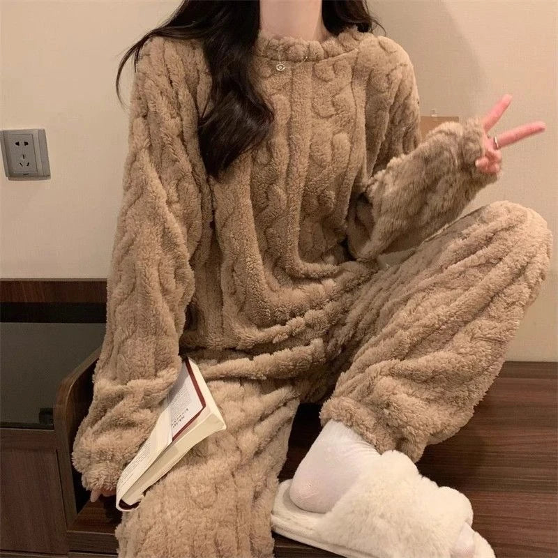 Autumn Winter Sweet Coral Fleece Pajamas Women Fleece-lined Thickened 2025 New Zip-up Flannel Warm Home Wear Set